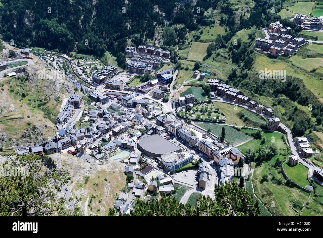 Aerial view of the town of Canillo from the Mirador Roc del Quer viewpoint, Canillo, Andorra Stock Photo