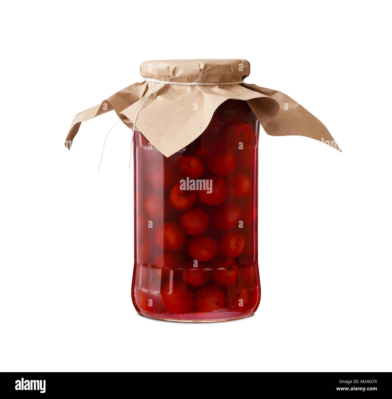 Cherry compote in a glass jar. Isolated on white background. With