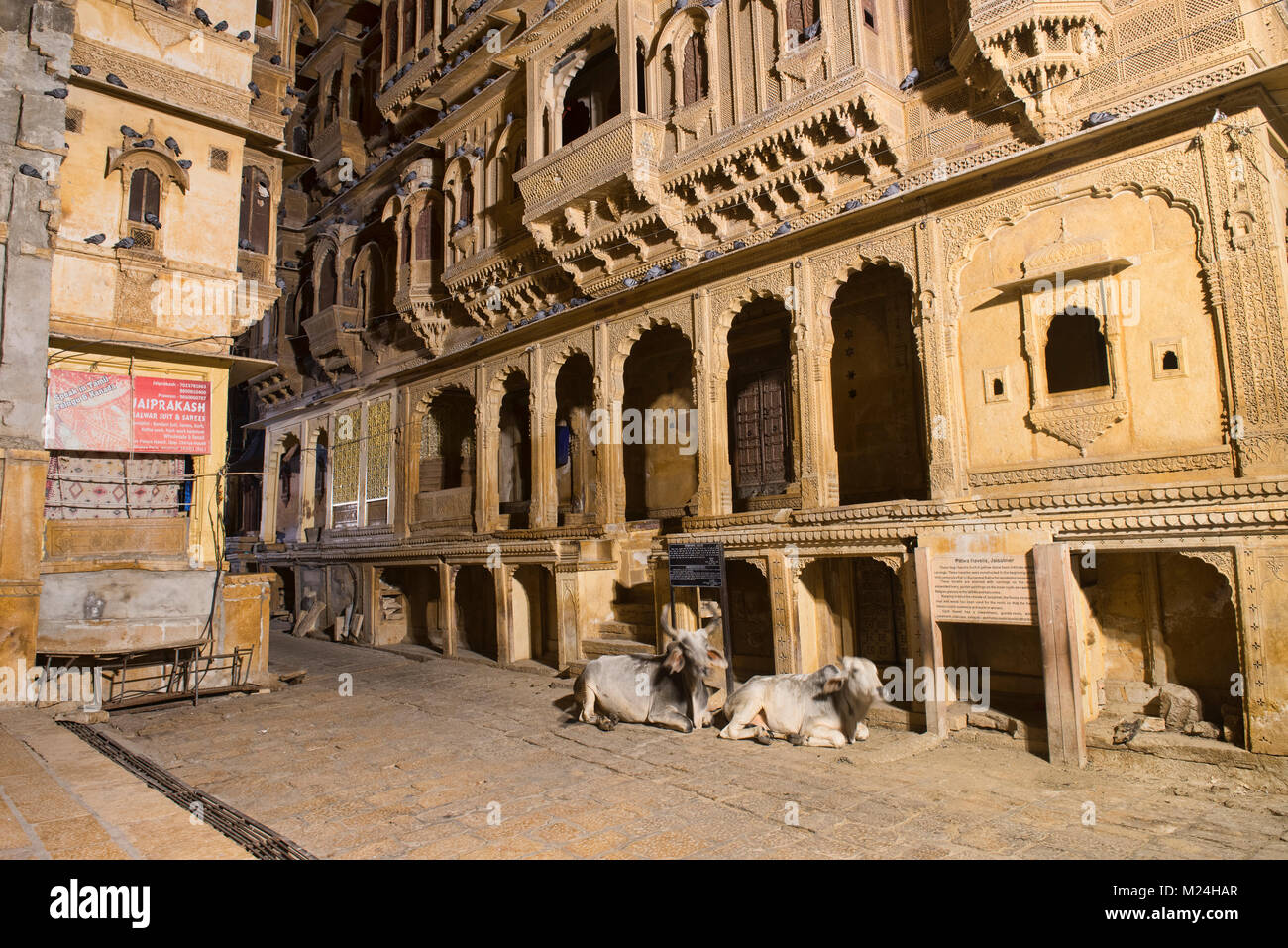 Night scene at the yellow sandstone carved Patwon Ji Ki Haveli, Jaisalmer, Rajasthan, India Stock Photo