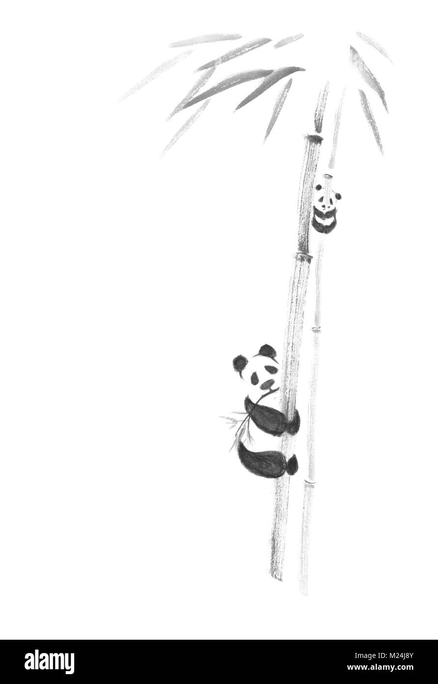 Cute Big Panda And A Baby Panda Climbing Bamboo Trees Artistic Oriental Style Sumi E Painting Illustration Isolated Design Black Ink On White Backgro Stock Photo Alamy