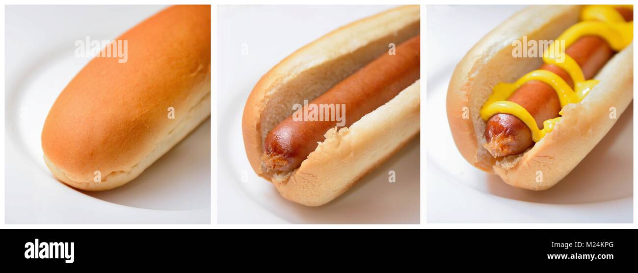 Photo collage with three images of hot dog, soft bun and hot dog with mustard. Stock Photo