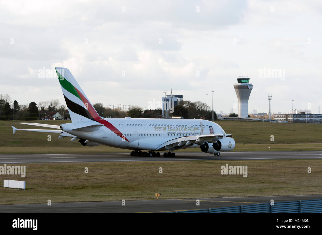 Emirates Airlines Airbus A380 taking off at Birmingham Airport, UK (A6-EUZ) Stock Photo