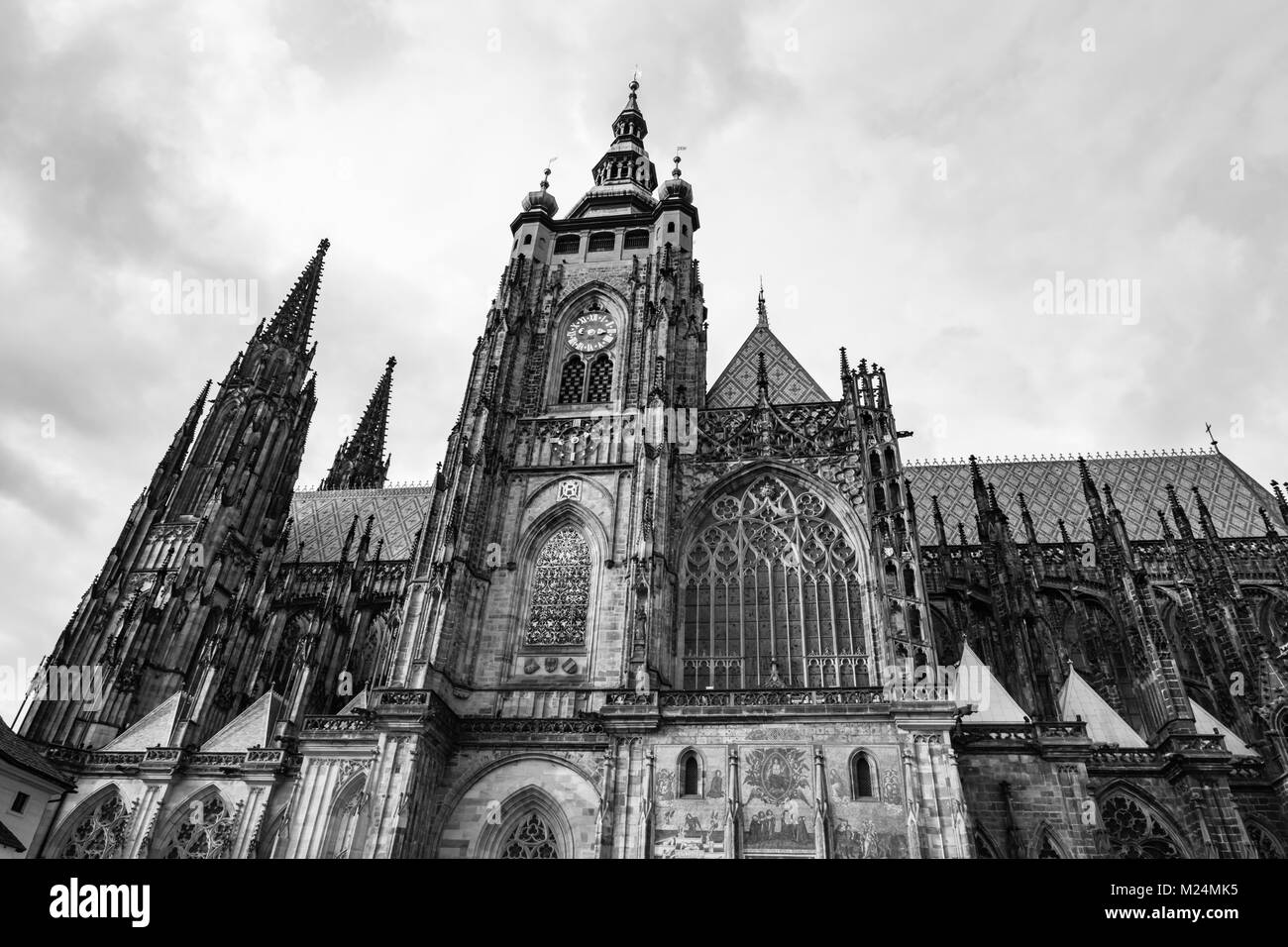 Prague, Czech Republic: Low angle view of the side of  the metropolitan Cathedral of Saint Vitus, Wenceslaus and Adalbert Stock Photo