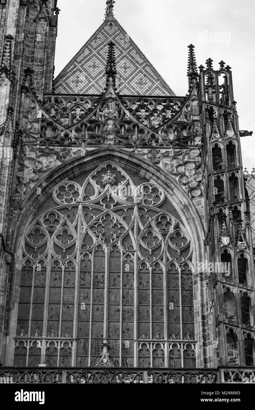 Prague, Czech Republic:  Black and white closeup detil of one of the windows of  the metropolitan Cathedral of Saint Vitus, Wenceslaus and Adalbert Stock Photo