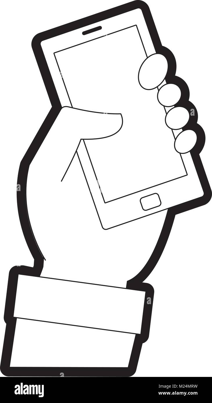 line hand with smartphone technology object icon Stock Vector Image ...