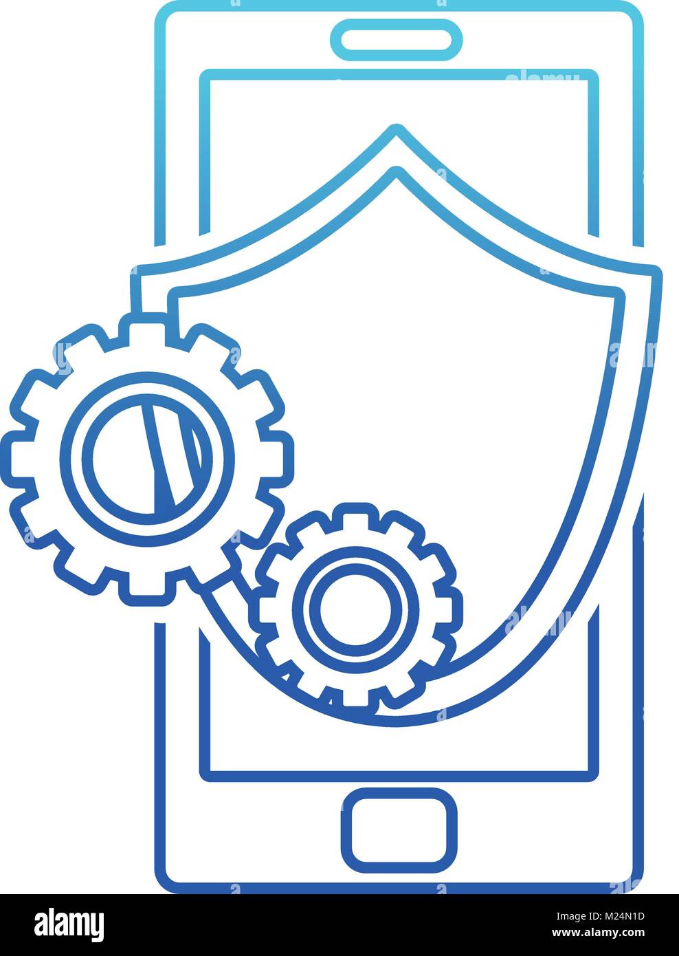 blue line smartphone with shield security and gears process Stock ...