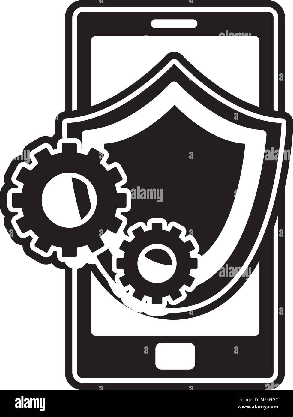 silhouette smartphone with shield security and gears process Stock ...