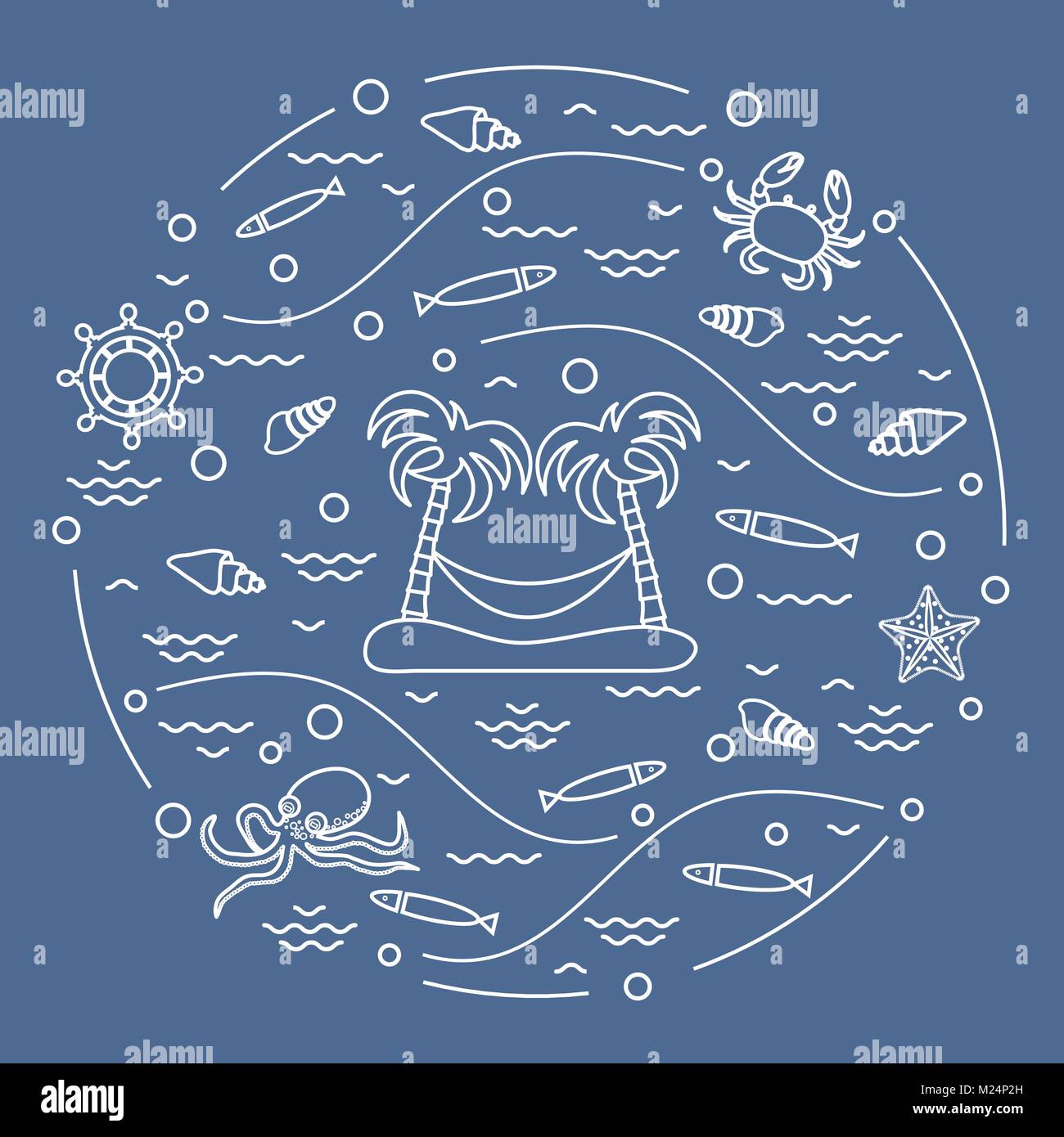 Cute vector illustration with octopus, fish, island with palm trees and ...