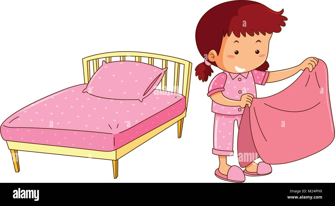 Little girl making bed illustration Stock Vector Image & Art Alamy