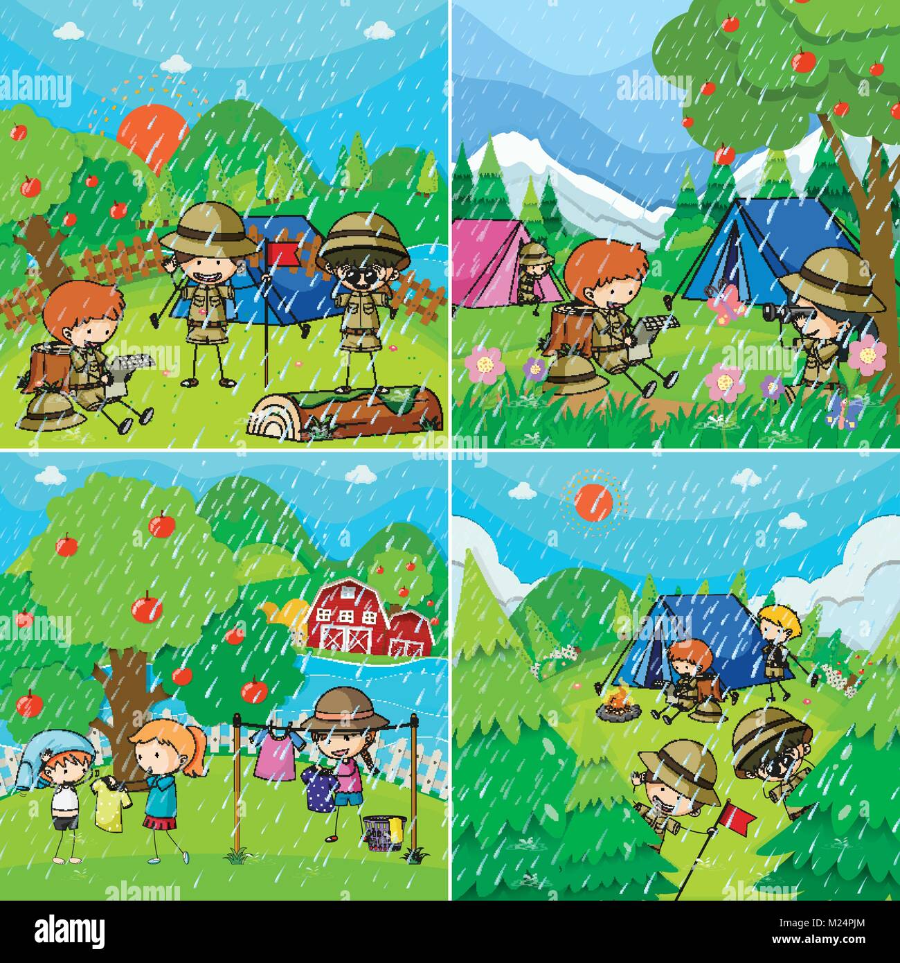 Children in four different scenes with rainy season illustration Stock Vector