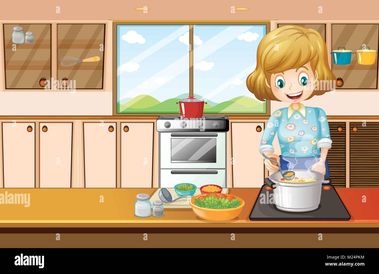 Woman Cooking In Kitchen Stock Vector Images Alamy 