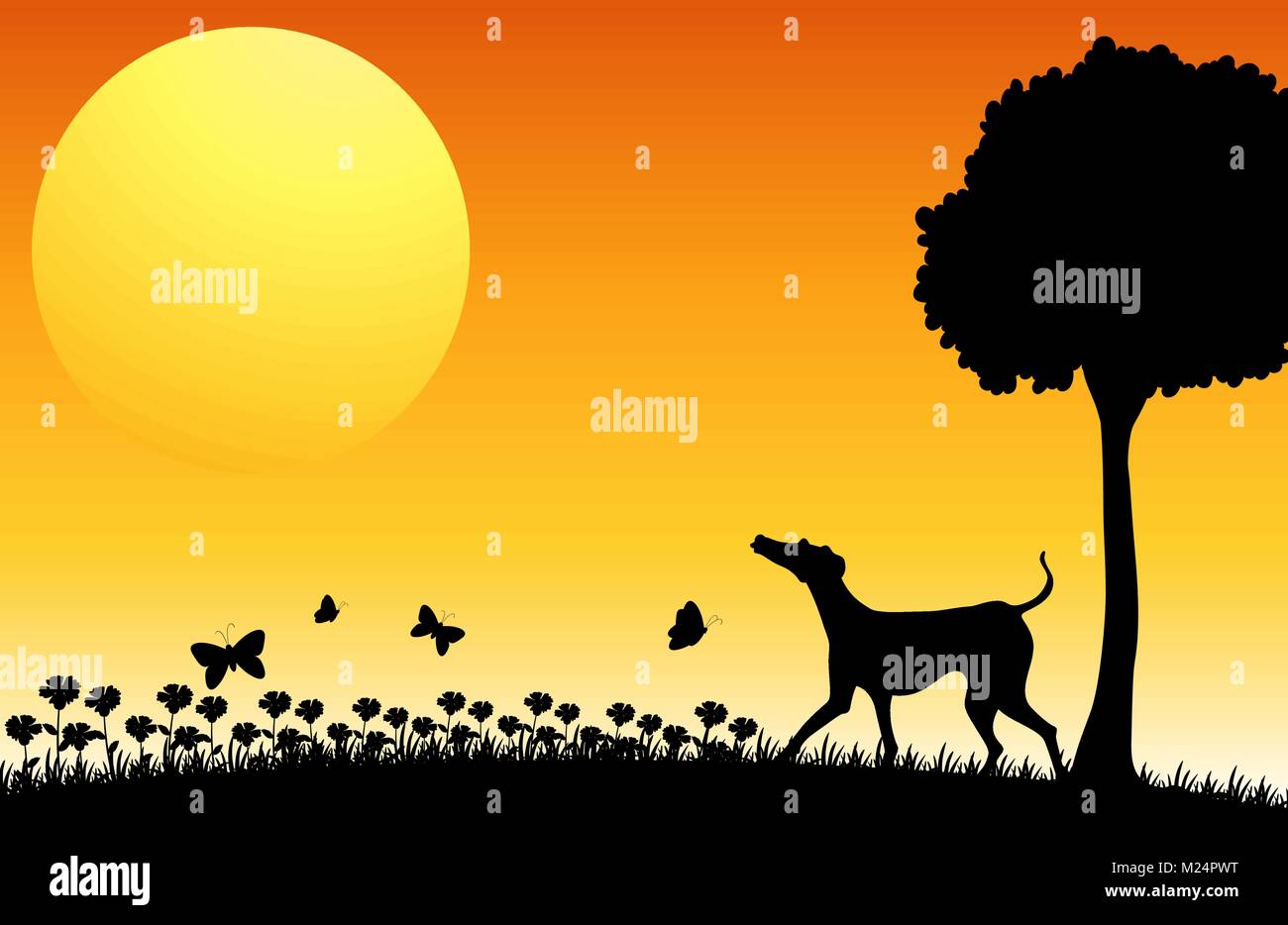 Silhouette scene with dog and butterflies illustration Stock Vector