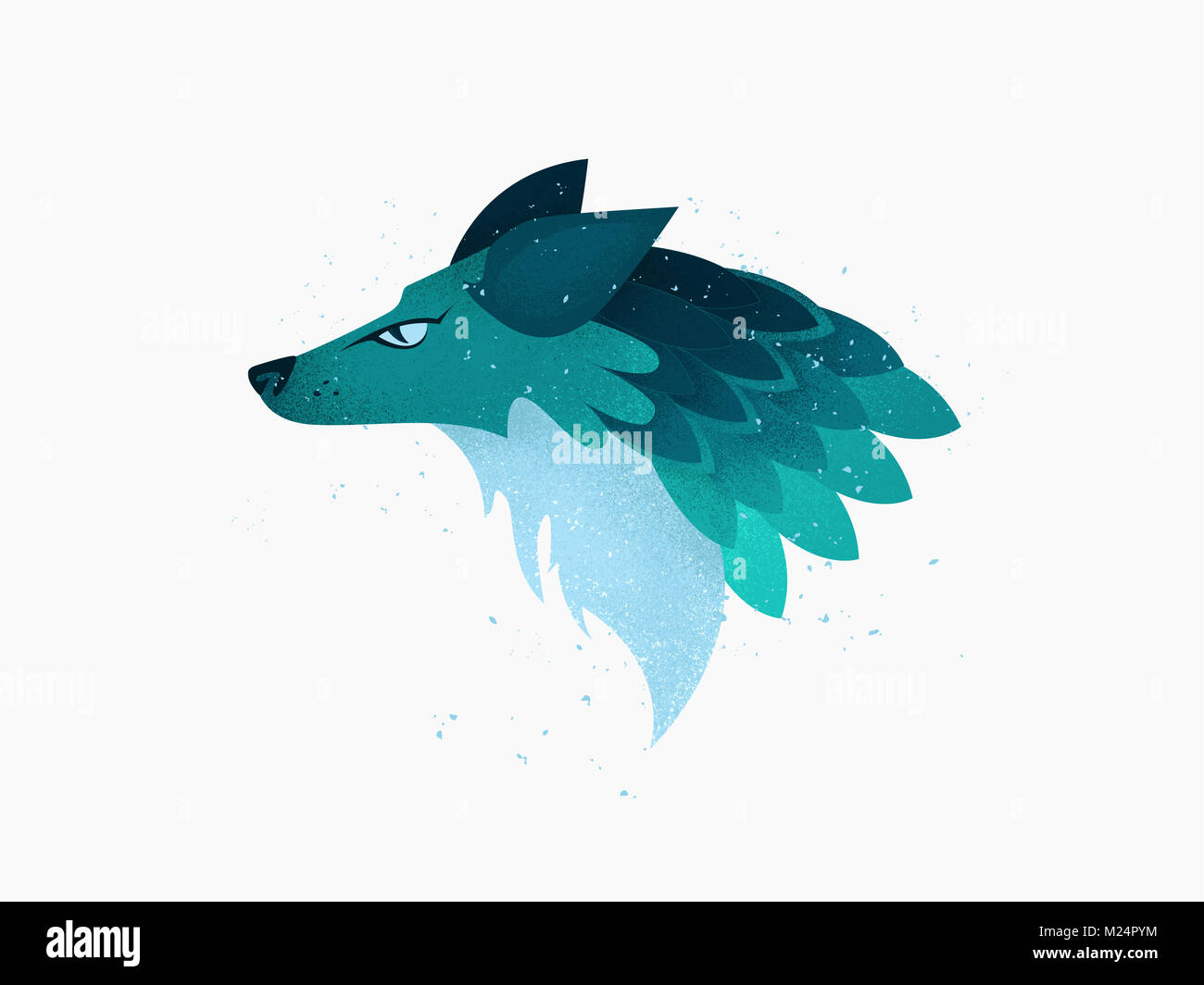 Illustration: A Head of Imaginary Wolf or Fox or Dog Animal in Blue and Turquoise Colors with Shades and Texture. Stock Photo