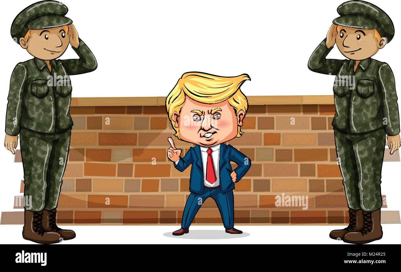 US president Trump and two soldiers illustration Stock Vector