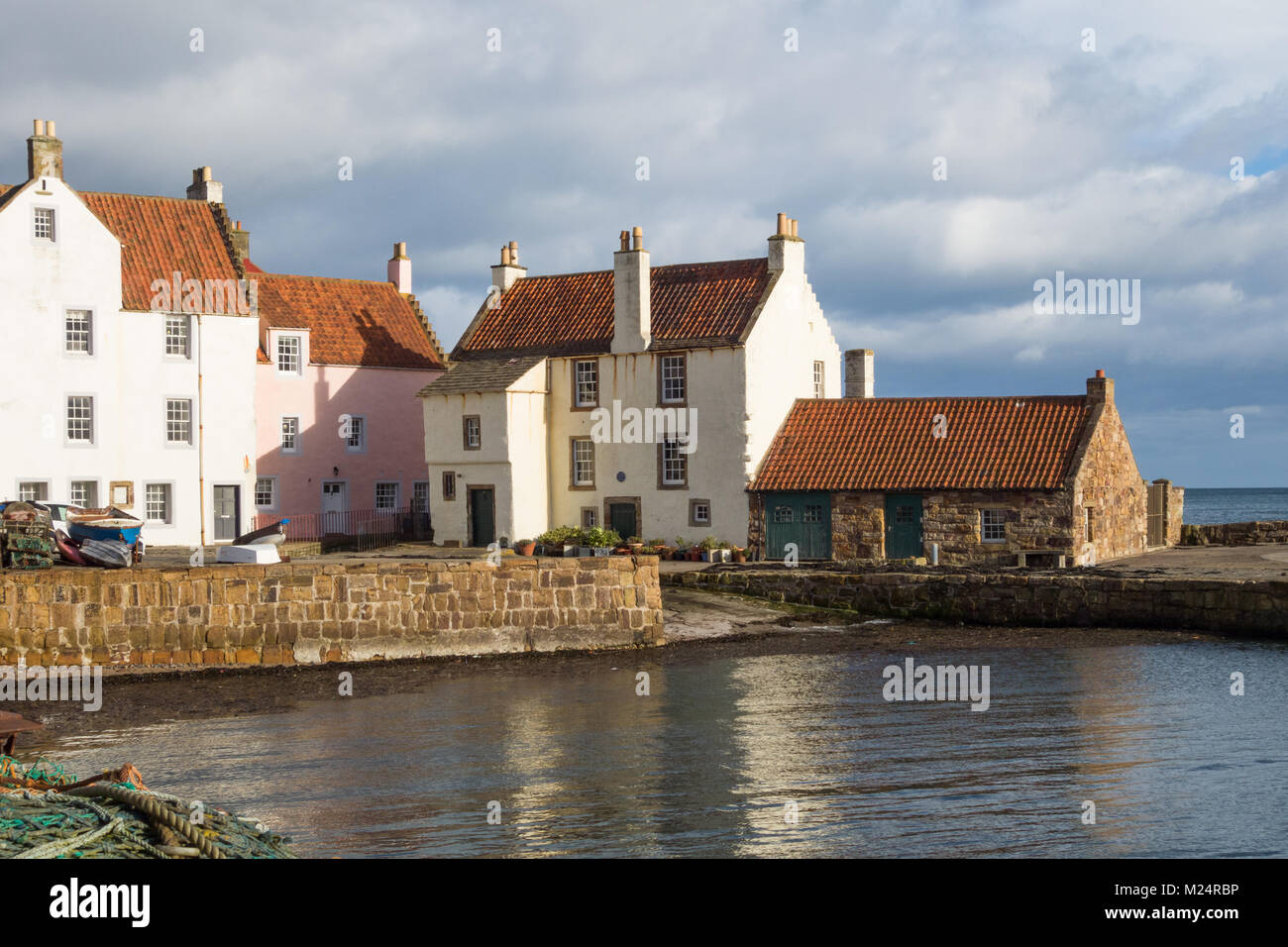 Crow stepped gable pantiled roofs on Gyles House and surrounding cottages in Pittenweem, Fife, Scotland, UK Stock Photo