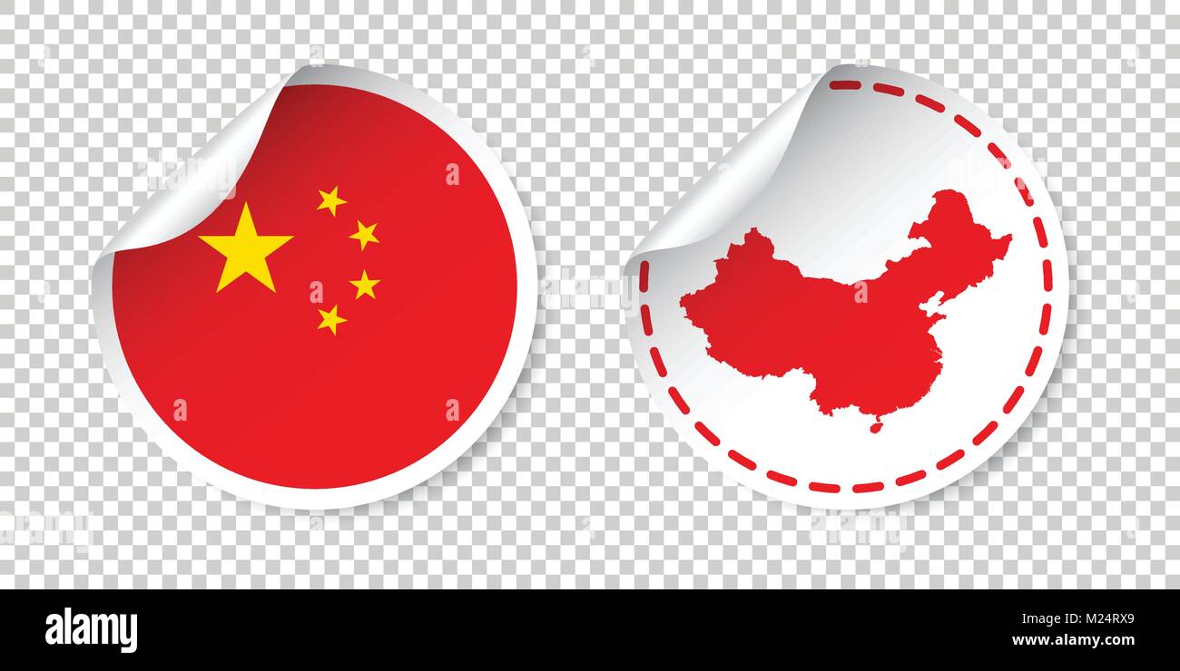 China sticker with flag and map. Label, round tag with country. Vector illustration on isolated background. Stock Vector