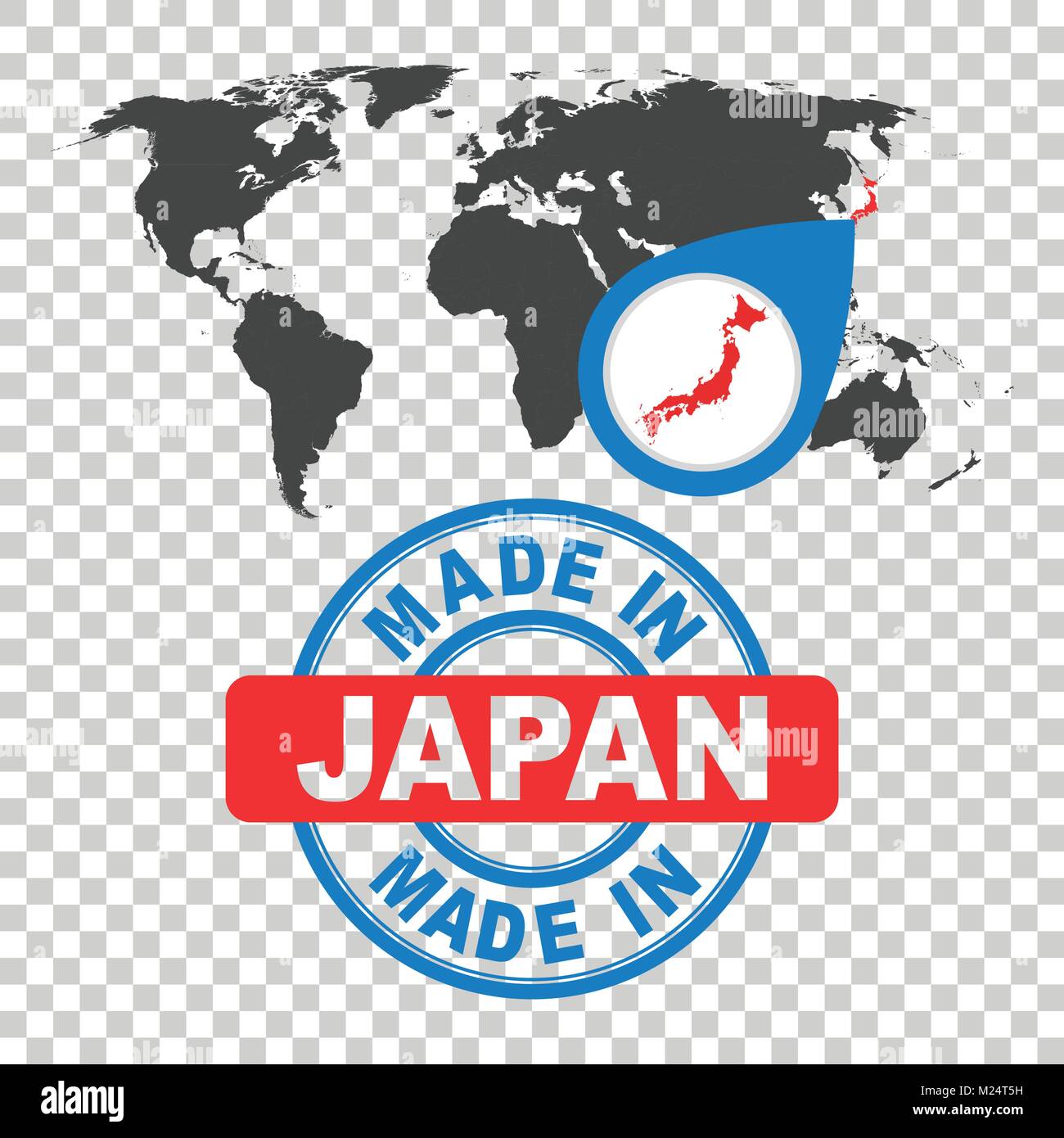 Made in Japan stamp. World map with red country. Vector emblem in flat style on isolated background. Stock Vector