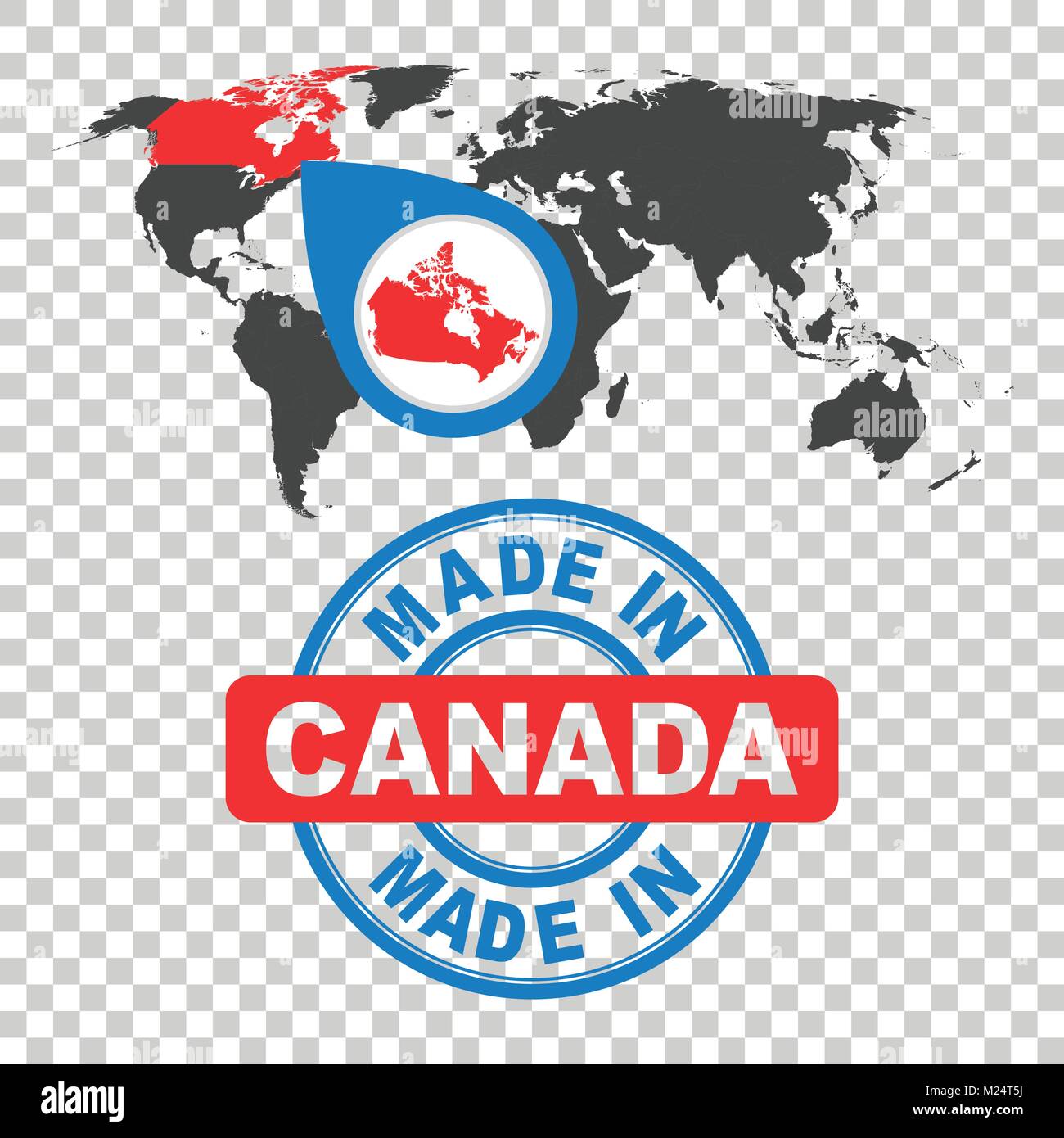 Made in Canada stamp. World map with red country. Vector emblem in flat style on isolated background. Stock Vector