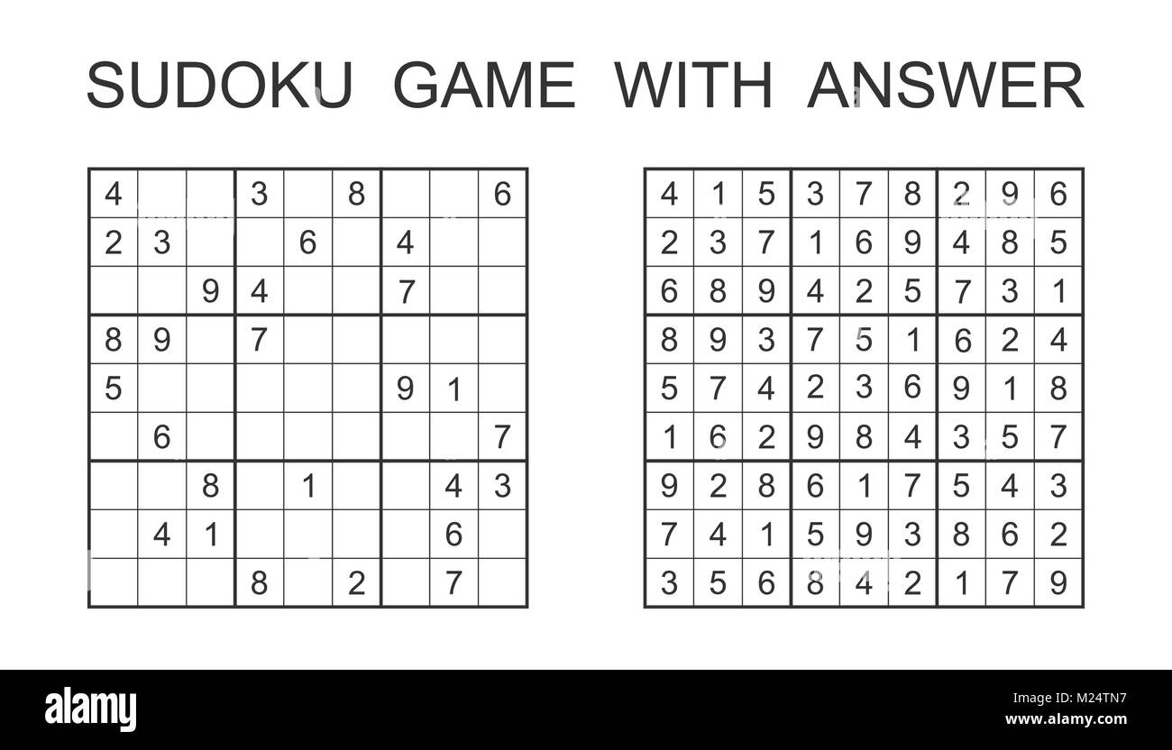 Sudoku game with answer. Vector puzzle game with numbers for kids and