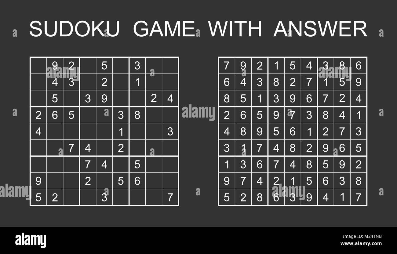 Sudoku game with answer. Vector puzzle game with numbers for kids and adults. Illustration on black background. Stock Vector