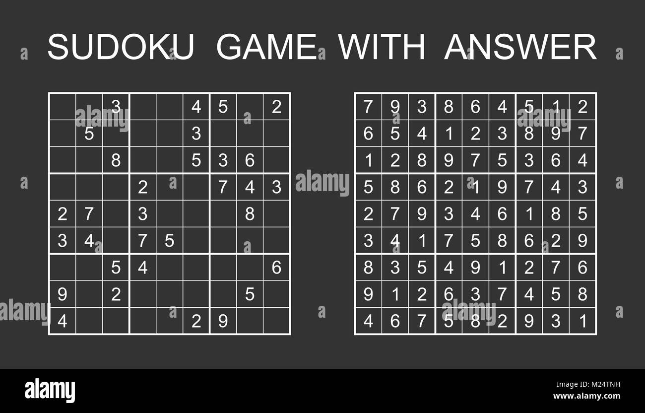 Sudoku game with answer. Vector puzzle game with numbers for kids and adults. Illustration on black background. Stock Vector