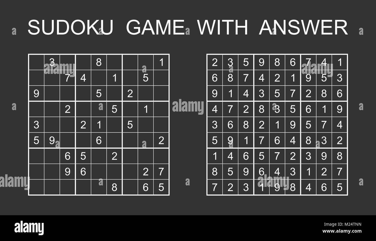 Sudoku game with answer. Vector puzzle game with numbers for kids and adults. Illustration on black background. Stock Vector
