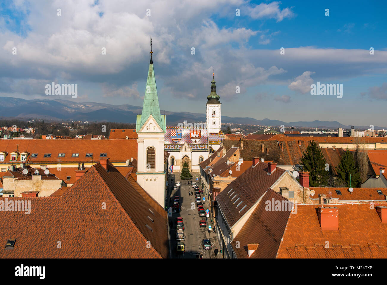 Old town skyline with Church of St. Mark, Zagreb, Croatia Stock Photo