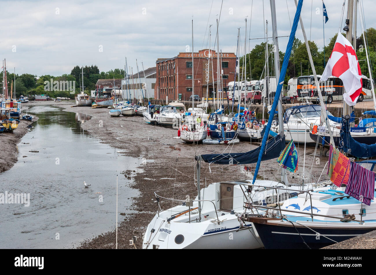 Small boats and sailing yachts moored in the River Medina, Newport, Isle of Wight, Hampshire, England, UK Stock Photo