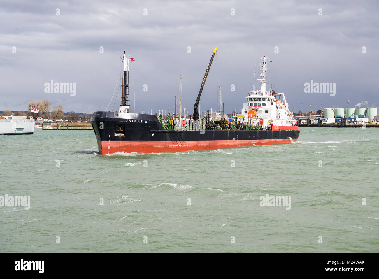 The small oil tanker, Jaynee W, in Portsmouth Harbour, England, UK