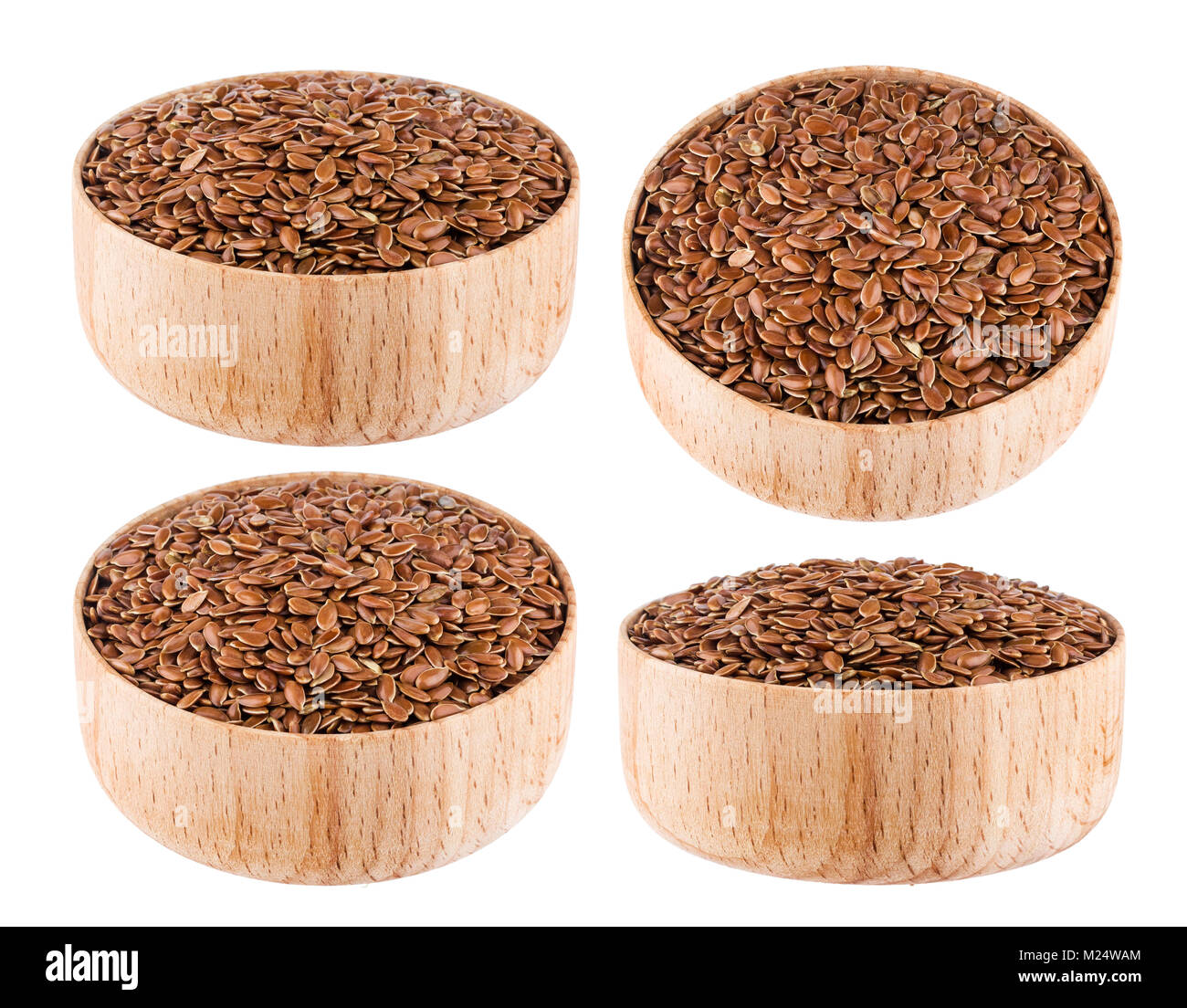 Flax seeds in wooden bowl isolated on white background Stock Photo