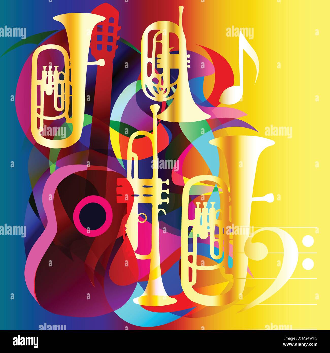 Abstract music background with guitar and wind instruments Stock Vector