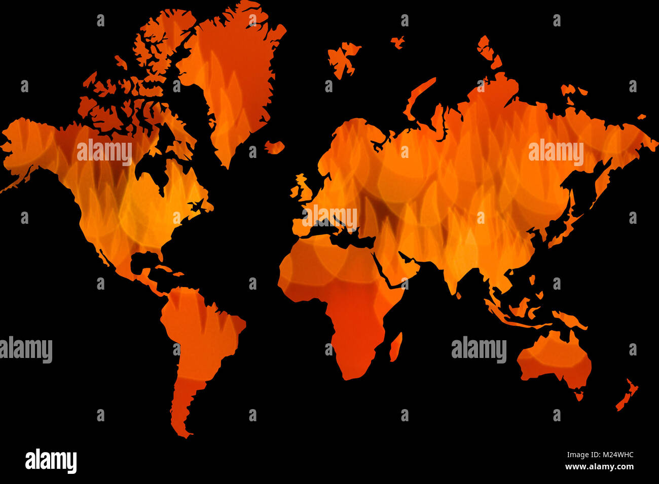 red fire icon as world map background on black Stock Photo
