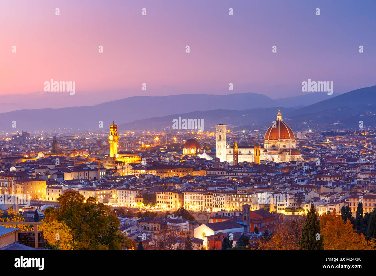 Famous view of Florence at night, Italy Stock Photo