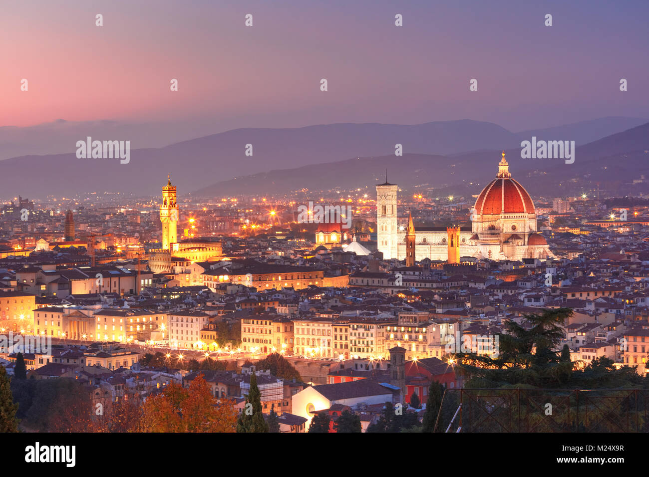 Famous view of Florence at night, Italy Stock Photo