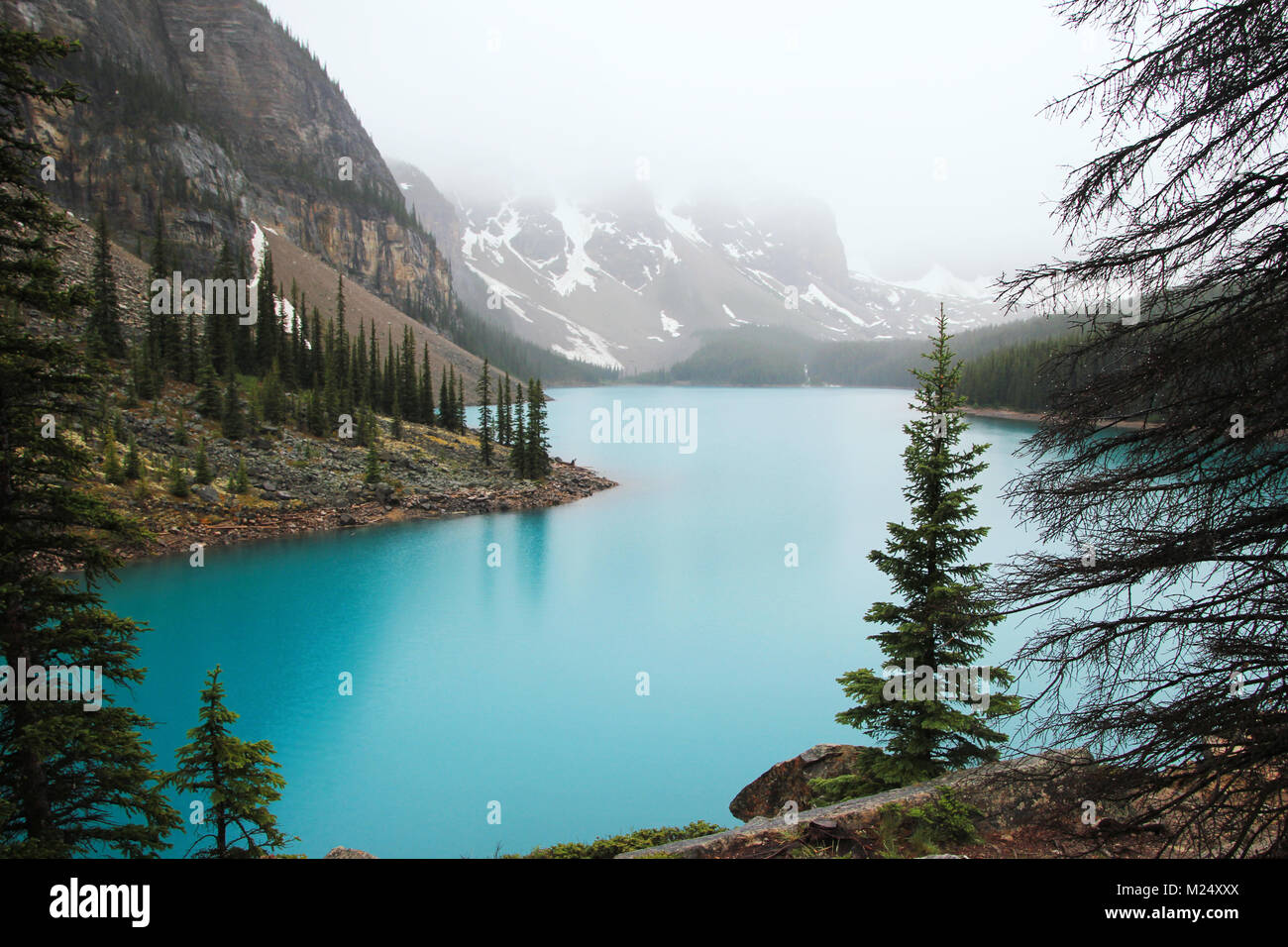 Moraine Lake in Banff National Park, Alberta, Canada in rainy weather