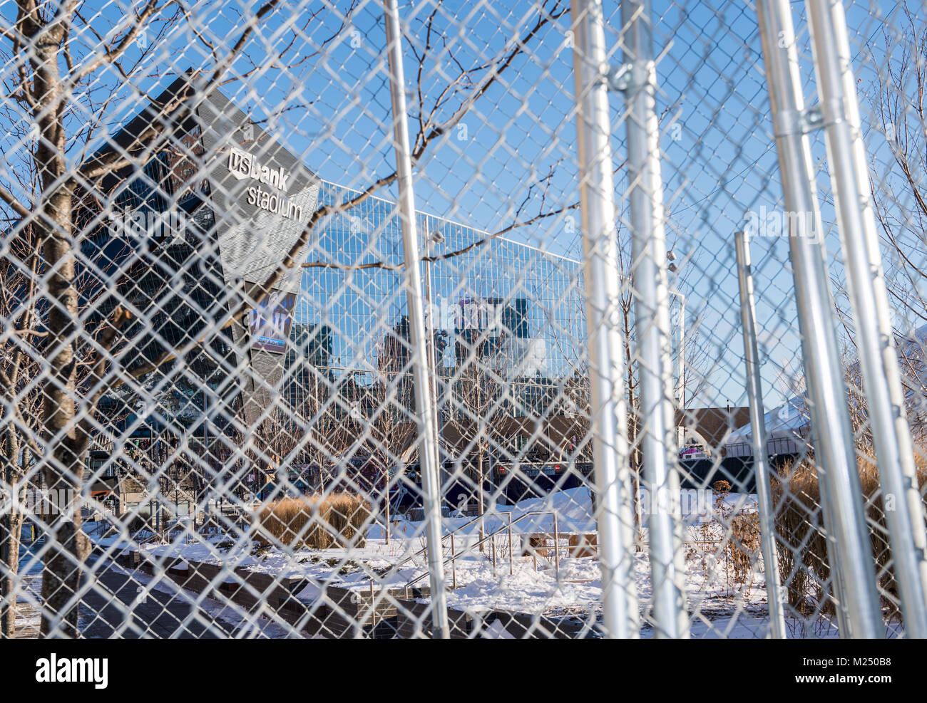 US Bank Stadium in Minneapolis, Minnesota was surrounded by security fences on game day for Super Bowl LII Stock Photo