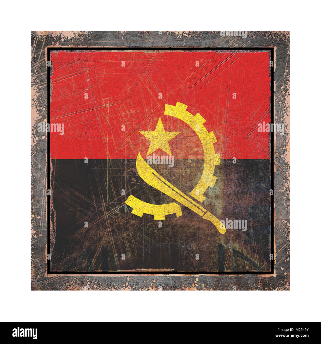 3d rendering of an Angola flag over a rusty metallic plate wit a rusty ...