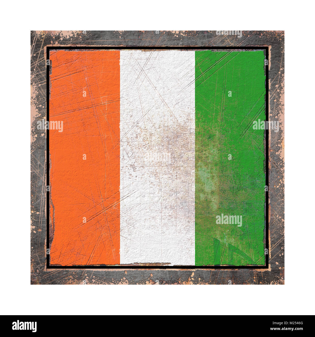 3d rendering of an Ivory Coast flag over a rusty metallic plate wit a ...