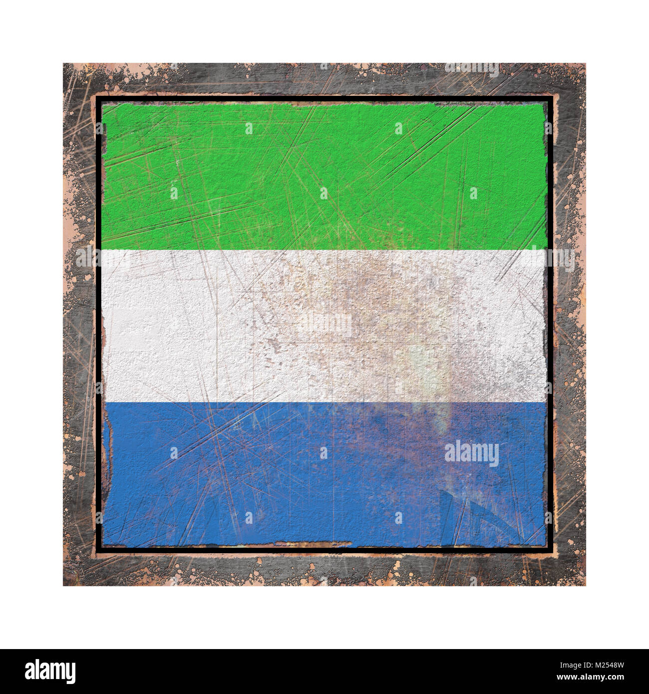 3d rendering of a Republic of Sierra Leone flag over a rusty metallic ...