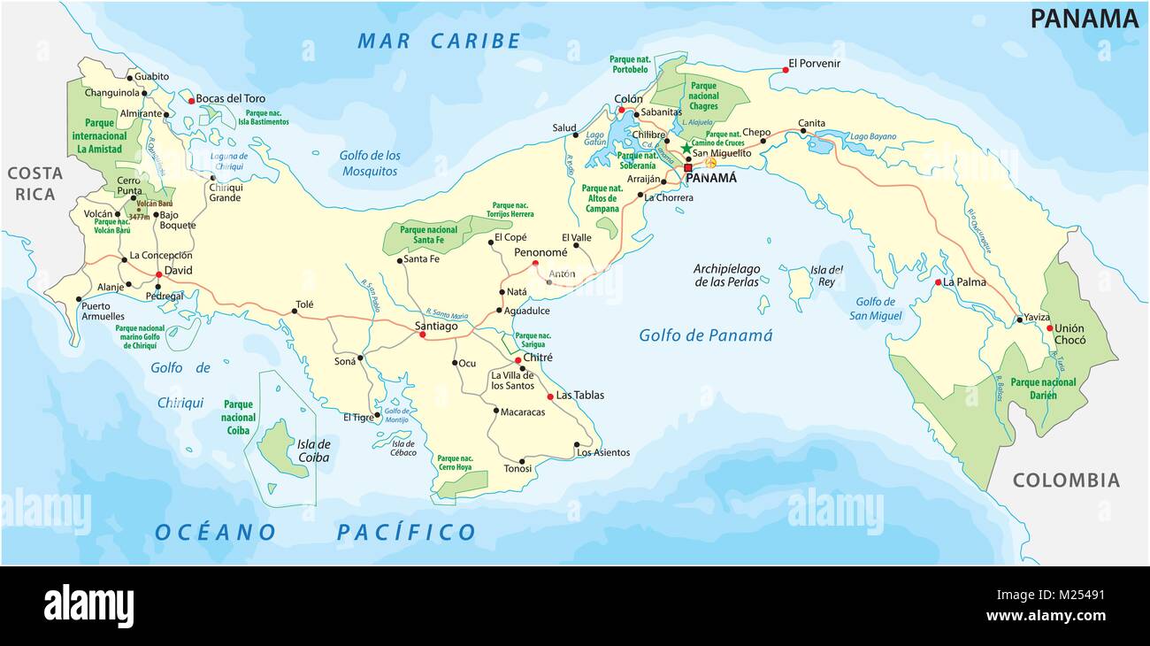 Republic of Panama road and national park vector map Stock Vector