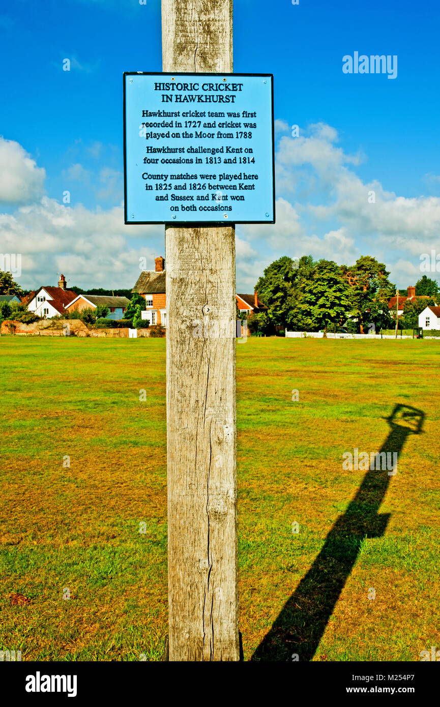 History Plaque of Cricket been played on village green, Hawkhurst, Kent Stock Photo