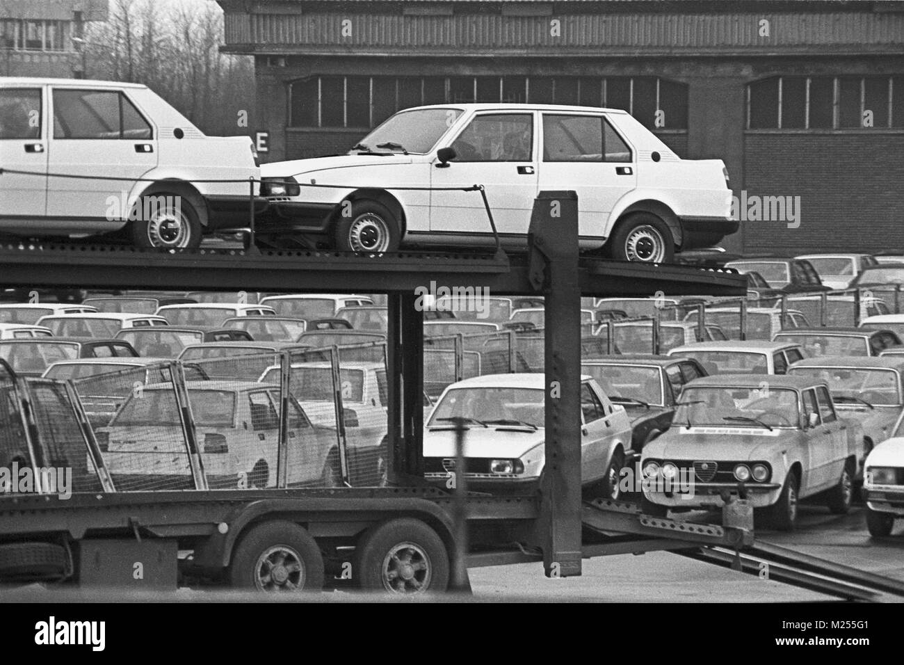 run out of completed cars from Alfa Romeo plant of Arese (Milan, Italy, 1978) Stock Photo