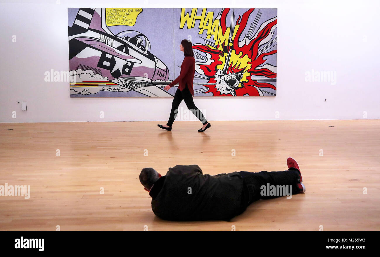 Roy Lichtenstein's Whaam! 1963 goes on display at Tate Liverpool as the gallery marks the start of its 30th anniversary year. The painting has recently undergone ground-breaking conservation using a newly discovered technique which has brought Whaam!&Otilde;s colours and design back to life. Stock Photo