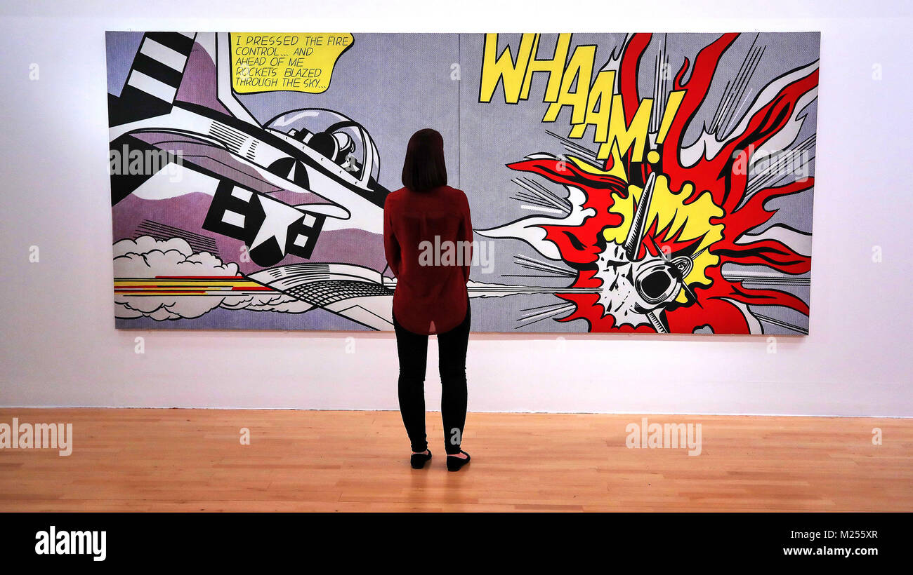 Roy Lichtenstein's Whaam! 1963 goes on display at Tate Liverpool as the gallery marks the start of its 30th anniversary year. The painting has recently undergone ground-breaking conservation using a newly discovered technique which has brought Whaam!'s colours and design back to life. Stock Photo