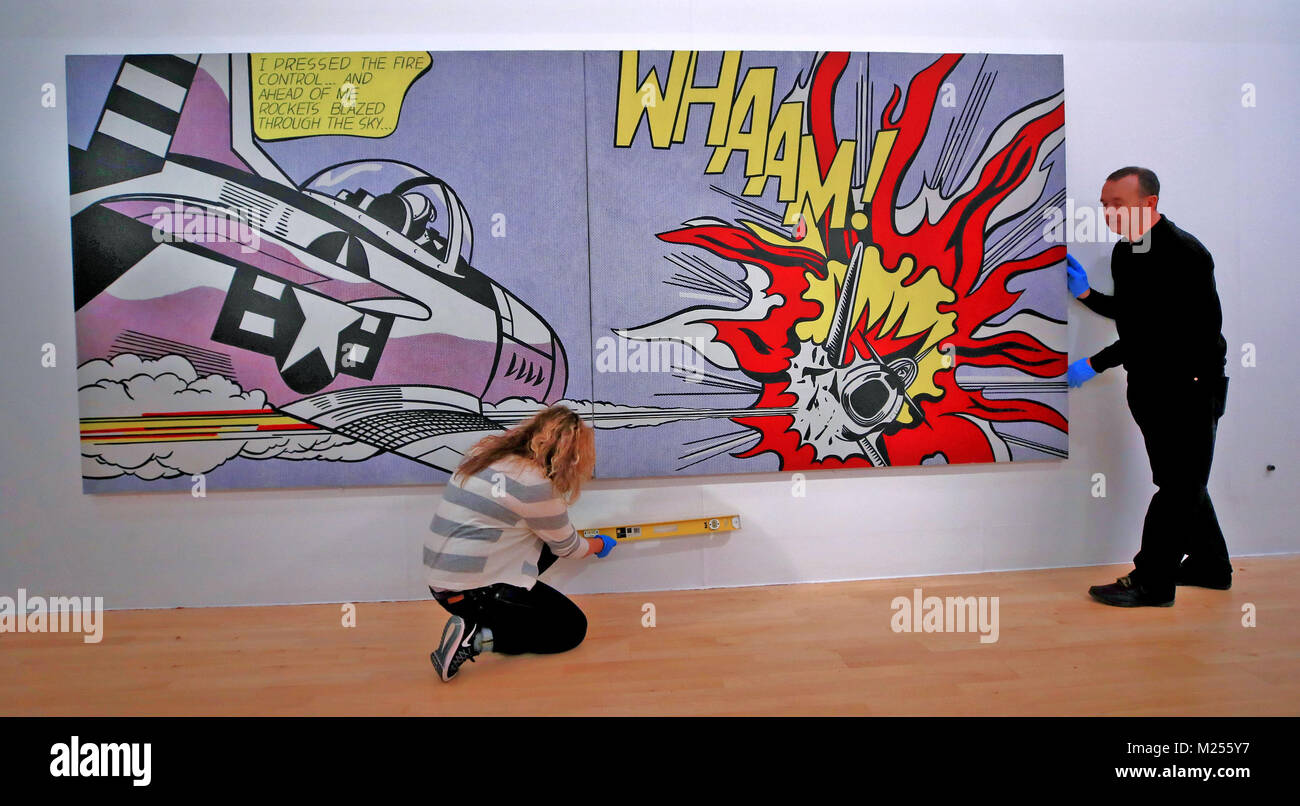 Roy Lichtenstein's Whaam! 1963 goes on display at Tate Liverpool as the gallery marks the start of its 30th anniversary year. The painting has recently undergone ground-breaking conservation using a newly discovered technique which has brought Whaam!s colours and design back to life. Stock Photo