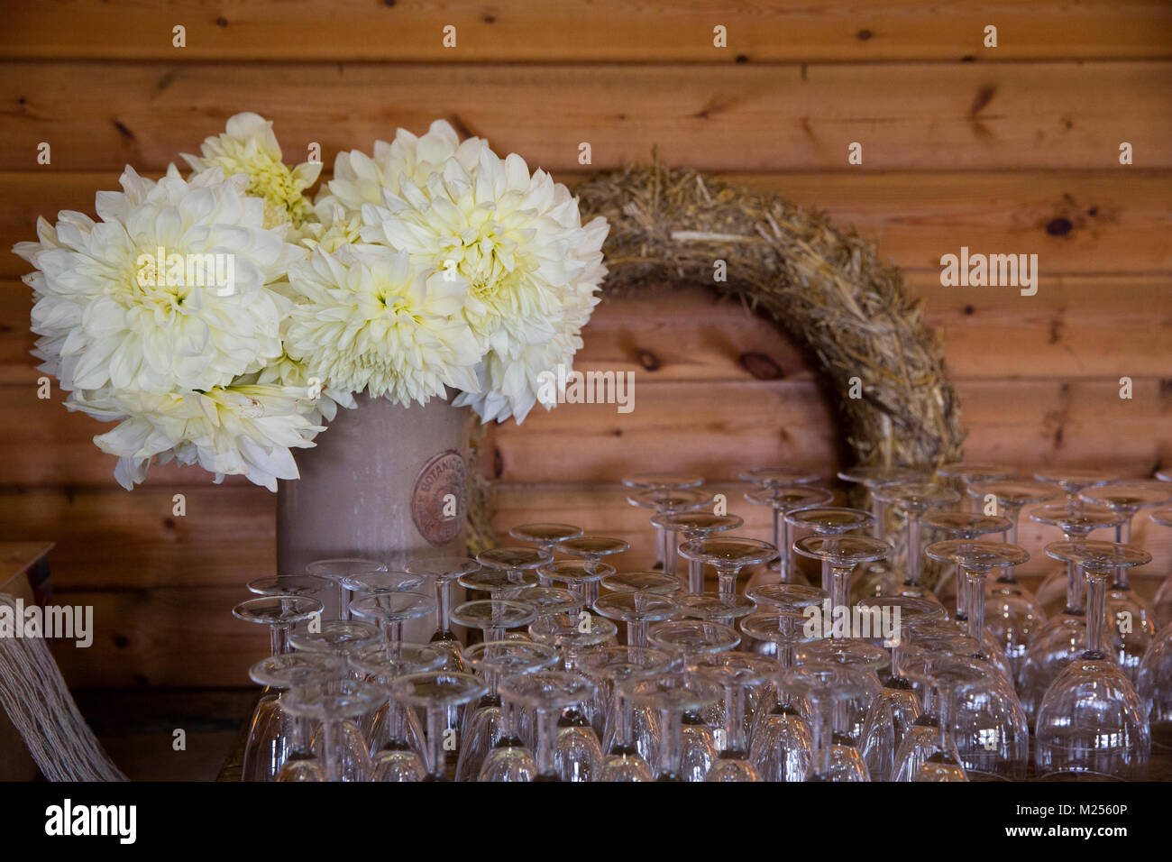 Chrysanthemum flower arrangement and rows of wine glasses Stock Photo