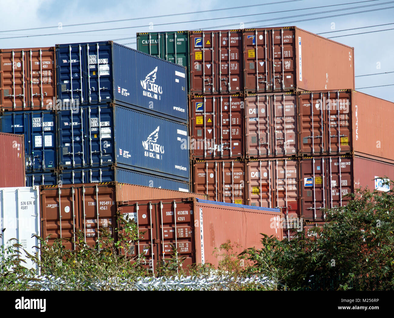 Containers stacked at Marchwood Container Port, Southampton Docks