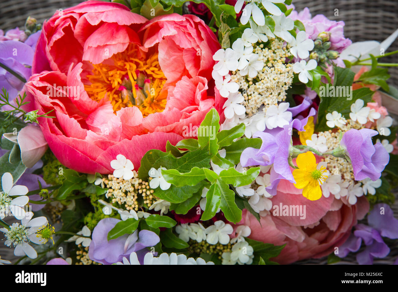 Colourful flower bouquet with peony rose, close up Stock Photo