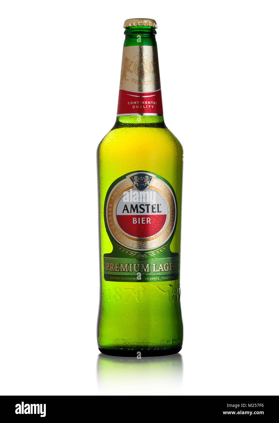 LONDON, UK - FEBRUARY 02, 2018: Cold bottle of Amstel Premium lager beer on white background. Stock Photo