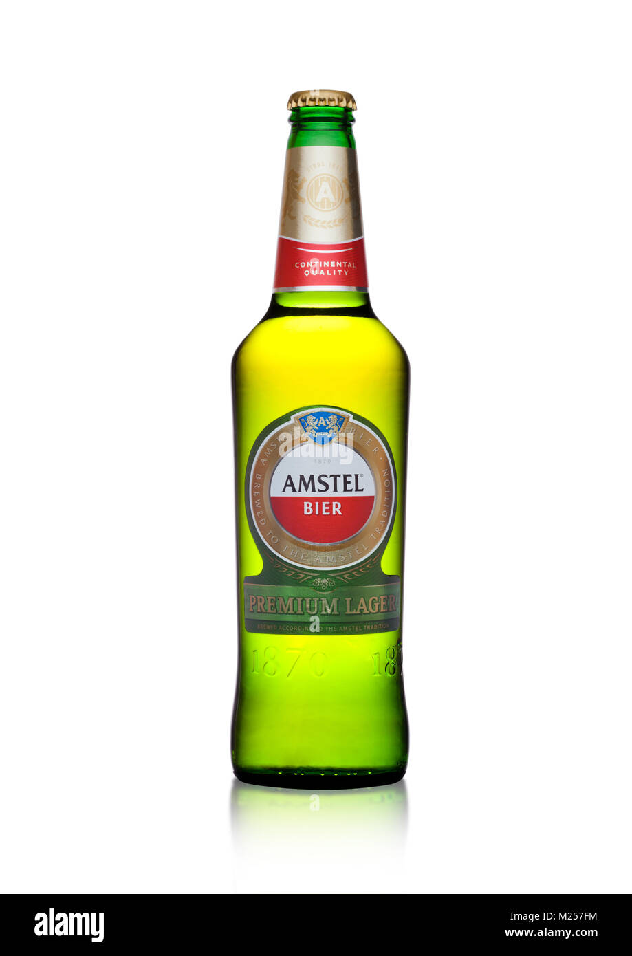 LONDON, UK - FEBRUARY 02, 2018: Cold bottle of Amstel Premium lager beer on white background. Stock Photo